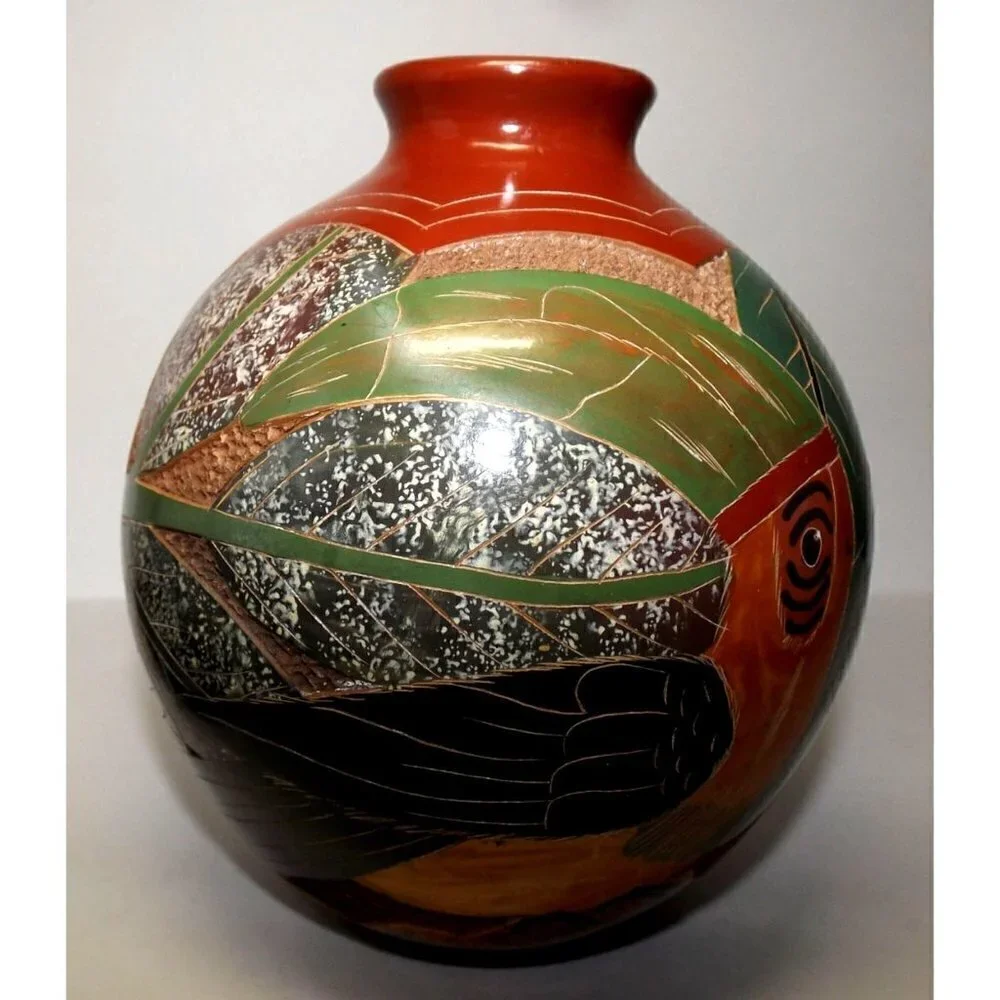 Hand Made South American Round Pottery Vase Signed Jungle Animals 7